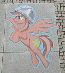 Size: 1422x1601 | Tagged: safe, alternate version, artist:malte279, derpibooru import, oc, oc only, oc:leafhelm, pegasus, pony, chalk, chalk drawing, clothes, galacon, galacon 2022, helmet, solo, traditional art, wings