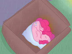 Size: 4000x3000 | Tagged: safe, artist:reinbou, derpibooru import, pinkie pie, earth pony, pony, box, cute, diapinkes, grass, light, pavement, pillow, pony in a box, rain, sleeping, solo