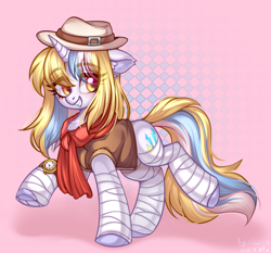 Size: 2688x2508 | Tagged: safe, artist:wkirin, derpibooru import, oc, oc:bertha icey windsor, pony, unicorn, adventurer, bandage, clothes, female, full body, hat, scarf, solo, solo female, watch