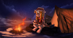 Size: 4067x2144 | Tagged: artist needed, safe, derpibooru import, oc, oc:bertha icey windsor, pony, unicorn, adventure time, adventurer, bandage, campfire, camping, desert, female, guitar, gun, lonely, musical instrument, night, sitting, solo, solo female, weapon