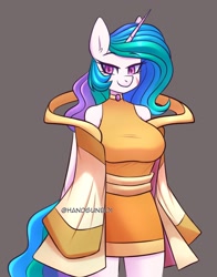 Size: 1201x1529 | Tagged: safe, artist:handgunboi, derpibooru import, princess celestia, anthro, pony, clothes, female, gray background, looking at you, mare, simple background, smiling, smiling at you, solo