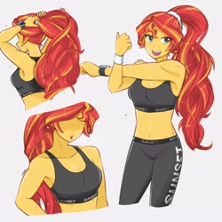 Size: 2894x2894 | Tagged: safe, artist:dragonemperror2810, derpibooru import, sunset shimmer, equestria girls, alternate hairstyle, bare shoulders, belly button, breasts, clothes, female, gym uniform, open mouth, ponytail, sleeveless, smartwatch, sweat, sweatdrops, watch