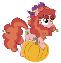 Size: 3067x3140 | Tagged: safe, artist:third uncle, derpibooru import, tree h. hooffield, earth pony, pony, cowboy hat, female, hat, haystick, hooffield family, mare, pumpkin, raised hoof, raised leg, simple background, transparent background