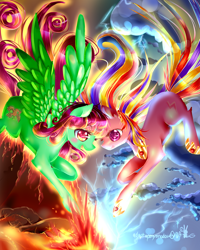 Size: 1200x1500 | Tagged: safe, artist:aquagalaxy, derpibooru import, oc, oc only, pegasus, pony, duo, fire, lightning