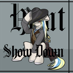 Size: 4000x4000 | Tagged: artist needed, safe, derpibooru import, oc, oc:bertha icey windsor, pony, unicorn, blackletter, bounty hunter, clothes, cowboy hat, female, gray background, gun, hat, huntress, jacket, necktie, overcoat, red eyes, rifle, scope, simple background, sitting, solo, solo female, weapon