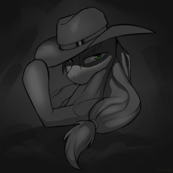 Size: 2522x2522 | Tagged: safe, artist:kirasunnight, derpibooru import, applejack, earth pony, pony, gray background, grayscale, high res, looking at you, monochrome, mouth hold, simple background