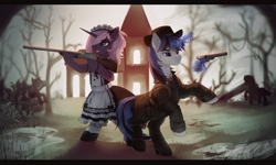 Size: 4000x2400 | Tagged: safe, artist:anku, derpibooru import, oc, oc:amelie ross, oc:black moon, pony, unicorn, clothes, commission, female, gun, handgun, hat, hunt showdown, magic, maid, maid headdress, male, open mouth, pony oc, rearing, revolver, sheriff's badge, shotgun, stockings, telekinesis, thigh highs, weapon