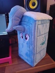 Size: 3000x4000 | Tagged: safe, artist:melodisde, derpibooru import, photographer:sassysvczka, trixie, unicorn, bruh, galacon, galacon 2022, high res, irl, meme, objectification, outhouse, owo, photo, plushie, smiling, toilet, trixie dixie, unusual unicorn, wat