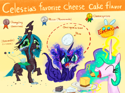 Size: 3500x2624 | Tagged: safe, artist:ja0822ck, derpibooru import, cheese cake, nightmare moon, princess celestia, princess luna, pumpkin cake, queen chrysalis, alicorn, changeling, changeling queen, parasprite, pony, cake, cakelestia, cheese, female, food, glowing, glowing horn, horn, magic, moon, moon cheese, rule 63, telekinesis, that pony sure does love cakes