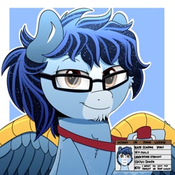 Size: 2000x2000 | Tagged: safe, artist:h3nger, derpibooru import, oc, oc only, oc:soaring spirit, pegasus, pony, abstract background, chest fluff, chin fluff, coat markings, colored wings, commission, facial markings, glasses, horny on main, id card, license, male, multicolored hair, multicolored mane, multicolored wings, pegasus oc, socks (coat marking), solo, spread wings, stallion, wing brace, wings