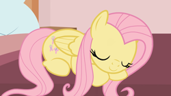 Size: 1920x1080 | Tagged: safe, artist:forgalorga, derpibooru import, fluttershy, pegasus, pony, bed, cute, eyes closed, female, mare, pillow, shyabetes, sleeping, smiling, solo, wings, your little cat 3