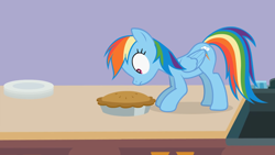 Size: 1920x1080 | Tagged: safe, artist:forgalorga, derpibooru import, rainbow dash, pegasus, pony, crouching, female, food, kitchen, mare, pie, plate, sink, sniffing, solo, your little cat 3