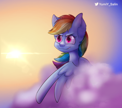 Size: 2271x2005 | Tagged: source needed, useless source url, safe, artist:yumiy_salin, derpibooru import, rainbow dash, pegasus, pony, background, female, mare, red eyes, sky, solo, sun