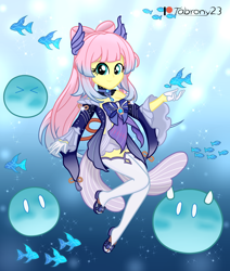 Size: 1760x2073 | Tagged: safe, artist:tabrony23, derpibooru import, fluttershy, equestria girls, beautiful, breasts, clothes, cosplay, costume, crossover, cute, dress, female, genshin impact, gloves, grin, hootershy, looking at you, patreon, patreon logo, pigtails, sandals, sangonomiya kokomi (genshin impact), shoes, show accurate, shyabetes, signature, slimes (genshin impact), smiling, smiling at you, socks, solo, thigh highs, video game crossover, water