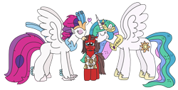 Size: 3294x1671 | Tagged: safe, artist:supahdonarudo, derpibooru import, princess celestia, queen novo, oc, oc:ironyoshi, alicorn, classical hippogriff, hippogriff, unicorn, my little pony: the movie, atg 2022, blushing, happy, heart, kissing, lucky bastard, newbie artist training grounds, simple background, transparent background, wavy mouth