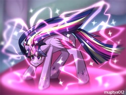 Size: 2048x1536 | Tagged: safe, artist:mugitya012, derpibooru import, twilight sparkle, twilight sparkle (alicorn), alicorn, pony, female, folded wings, horn, magic, magic aura, mare, rainbow power, rainbow power-ified, solo, sparkles, wings