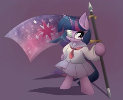 Size: 1861x1515 | Tagged: safe, artist:namaenonaipony, derpibooru import, twilight sparkle, unicorn twilight, semi-anthro, unicorn, bipedal, clothes, eye clipping through hair, eyepatch, female, flag, hoof hold, hoof on hip, horn, looking at you, mare, purple background, school uniform, simple background, skirt, solo