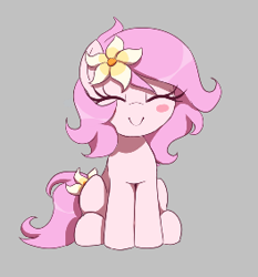 Size: 264x283 | Tagged: safe, artist:thebatfang, derpibooru import, oc, oc only, oc:kayla, earth pony, pony, aggie.io, blush sticker, blushing, cute, earth pony oc, eyes closed, female, filly, flower, flower in hair, foal, gray background, simple background, sitting, smiling, solo