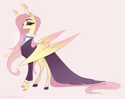 Size: 2454x1954 | Tagged: safe, artist:marbola, derpibooru import, fluttershy, pegasus, pony, clothes, coat markings, dress, ear piercing, earring, eyeshadow, female, fluttergoth, hoof shoes, jewelry, makeup, mare, piercing, pink background, profile, side view, simple background, socks (coat marking), solo
