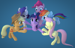 Size: 4000x2600 | Tagged: safe, artist:wissle, derpibooru import, applejack, fluttershy, pinkie pie, rainbow dash, rarity, twilight sparkle, twilight sparkle (alicorn), alicorn, earth pony, pegasus, pony, unicorn, 3d, atg 2022, bedroom eyes, biting, blender, competition, eyes on the prize, female, flying, high res, lesbian, lip bite, looking at you, mane six, mare, newbie artist training grounds, not sure if want, open mouth, pulling, shipping, simple background, tail, tail bite, tail pull, twilight sparkle gets all the mares