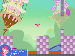Size: 450x338 | Tagged: safe, derpibooru import, pinkie pie, earth pony, pony, chaos, discorded landscape, female, game, jumping, mare, pixel art, ponyville, text, town hall
