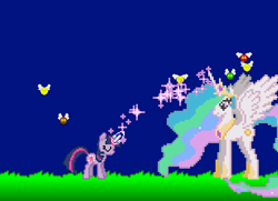 Size: 462x334 | Tagged: safe, artist:infinitydash, derpibooru import, princess celestia, twilight sparkle, unicorn twilight, alicorn, parasprite, unicorn, season 1, swarm of the century, clothes, crown, female, flying, game, grass, horn, jewelry, magic, mare, regalia, shoes, sky, sparkles, spread wings, wings