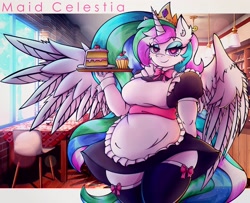 Size: 3401x2765 | Tagged: safe, artist:canvymamamoo, derpibooru import, princess celestia, alicorn, anthro, big breasts, blushing, breasts, cafe, cake, cake slice, chair, clothes, cuffs (clothes), cupcake, ear fluff, ears, eyebrows, eyebrows visible through hair, eyeshadow, female, food, heart, heart eyes, holding, jewelry, lidded eyes, looking at you, maid, makeup, princess breastia, regalia, serving tray, smiling, smug, solo, spread wings, stockings, table, thigh highs, wide hips, wingding eyes, wings
