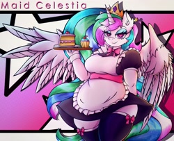 Size: 3401x2765 | Tagged: safe, alternate version, artist:canvymamamoo, derpibooru import, princess celestia, alicorn, anthro, abstract background, big breasts, blushing, breasts, cake, cake slice, clothes, cuffs (clothes), cupcake, ear fluff, ears, eyebrows, eyebrows visible through hair, eyeshadow, female, food, heart, heart eyes, holding, jewelry, lidded eyes, looking at you, maid, makeup, princess breastia, regalia, serving tray, smiling, smug, solo, spread wings, stars, stockings, thigh highs, wide hips, wingding eyes, wings
