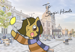 Size: 1280x885 | Tagged: safe, artist:foxy1219, derpibooru import, oc, oc only, oc:sagiri himoto, human, pony, unicorn, brown coat, brown eyes, brown mane, city, clothes, ears, ears up, food, gift art, green mane, headphones, horn, irl, lemon, looking at you, lviv, one eye closed, photo, photography, ponies in real life, scarf, smiling, smiling at you, solo, sweater, ukraine, unicorn oc, waving, waving at you, wink, winking at you