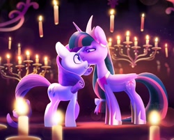 Size: 1656x1330 | Tagged: safe, artist:dawnfire, rarity, twilight sparkle, twilight sparkle (alicorn), alicorn, pony, unicorn, fanfic:the enchanted carousel, candle, crown, fanfic art, female, hoof shoes, horn, jewelry, lesbian, mare, peytral, rarilight, regalia, shipping, watermark, wings