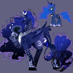 Size: 1440x1440 | Tagged: safe, artist:solarmoondreams, derpibooru import, princess luna, alicorn, pony, female, mare, purple background, redesign, simple background, solo