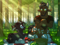 Size: 800x600 | Tagged: safe, artist:rangelost, derpibooru import, oc, oc only, oc:koraki, oc:yishiie, centaur, earth pony, pony, taur, apple, basket, crepuscular rays, food, forest, muffin, picnic basket, picnic blanket, sandwich