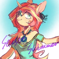 Size: 1600x1600 | Tagged: safe, artist:catcity__, derpibooru import, sunset shimmer, anthro, unicorn, arm hooves, clothes, colored sketch, dress, ear piercing, earring, female, jewelry, necklace, piercing, sketch, solo