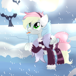 Size: 586x587 | Tagged: safe, artist:blazyplazy, derpibooru import, oc, oc only, oc:blazey sketch, pegasus, :p, clothes, earmuffs, small wings, smiling, snow, snowfall, socks, solo, striped socks, sweater, tongue, tongue out, wings, winter, winter outfit