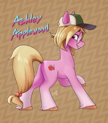 Size: 2480x2850 | Tagged: safe, artist:pwnagespartan, derpibooru import, oc, oc only, earth pony, pony, baseball cap, butt, cap, female, glasses, grin, hat, mare, patterned background, plot, profile, side view, smiling, solo