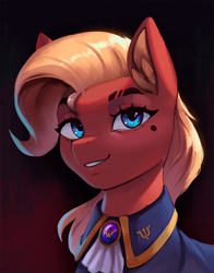 Size: 1500x1916 | Tagged: source needed, safe, artist:mrscroup, derpibooru import, oc, oc only, earth pony, pony, equestria at war mod, blue eyes, clothes, ear fluff, ears, earth pony oc, female, jabot, mare, mole, pony oc, red coat, simple background, smiling, smirk, yellow mane
