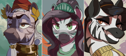 Size: 1500x670 | Tagged: source needed, safe, artist:cadillacdynamite, derpibooru import, oc, oc only, zebra, equestria at war mod, black mane, brown eyes, bust, clothes, collage, frown, green eyes, portrait, simple background, smiling, smirk, white mane, zebra oc