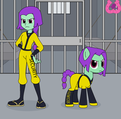 Size: 1497x1471 | Tagged: safe, artist:author92, derpibooru import, oc, oc:shell break, earth pony, human, equestria girls, brightly colored ninjas, clothes, kunoichi, ninja, prison cell, sandals, security guard, self paradox, self ponidox