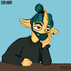 Size: 2000x2000 | Tagged: safe, artist:watashiao, derpibooru import, oc, oc only, oc:wata, anthro, unicorn, ears, face mask, floppy ears, hair bun, high res, mask, simple background, solo