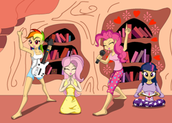 Size: 1400x1000 | Tagged: safe, artist:koopa-master, derpibooru import, fluttershy, pinkie pie, rainbow dash, twilight sparkle, human, 2013, barefoot, breasts, clothes, feet, female, golden oaks library, humanized, microphone, nightgown, pajamas, sleepover, slumber party