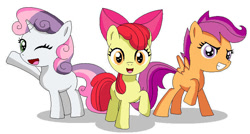Size: 790x425 | Tagged: safe, artist:koopa-master, derpibooru import, apple bloom, scootaloo, sweetie belle, earth pony, pegasus, pony, unicorn, 2011, apple bloom's bow, blank flank, bow, cutie mark crusaders, female, filly, foal, grin, gritted teeth, hair bow, looking at you, one eye closed, open mouth, open smile, raised hoof, raised leg, simple background, smiling, spread wings, teeth, white background, wings