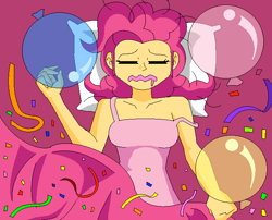 Size: 680x550 | Tagged: safe, artist:koopa-master, derpibooru import, pinkie pie, human, 2012, balloon, bare shoulders, confetti, female, humanized, pillow, streamers