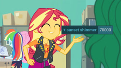 Size: 3410x1920 | Tagged: safe, derpibooru import, edit, edited screencap, editor:itsmgh1203, screencap, fluttershy, rainbow dash, sunset shimmer, wallflower blush, human, better together, equestria girls, forgotten friendship, 70000, ^^, clothes, cute, cutie mark on clothes, derpibooru, eyes closed, female, geode of empathy, hoodie, jewelry, leather, leather vest, magical geodes, meta, necklace, shimmerbetes, smiling, tags, vest