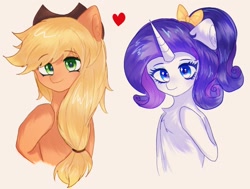 Size: 1040x788 | Tagged: safe, artist:0704jiushuang, derpibooru import, applejack, rarity, earth pony, pony, unicorn, alternate hairstyle, applejack's hat, bow, chest fluff, clothes, cowboy hat, female, hair bow, hat, heart, horn, lesbian, looking at you, rarijack, shipping, simple background