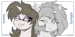 Size: 3000x1500 | Tagged: safe, artist:maximus, derpibooru import, oc, oc only, oc:solaria, oc:sunlight stellaris, unicorn, couple, duo, glasses