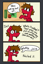 Size: 1200x1800 | Tagged: safe, artist:grandfinaleart, derpibooru import, oc, oc only, oc:grand finale, pegasus, pony, 3 panel comic, brown eyes, brown hair, brown mane, cans, cereal, cereal box, comic, creeper, digital art, facial hair, food, goatee, juice, pancakes, pegasus oc, red fur, simple background, solo, swearing, syrup, vulgar, waffle, wings