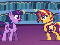 Size: 1800x1350 | Tagged: safe, artist:flutterluv, derpibooru import, part of a series, part of a set, sunset shimmer, twilight sparkle, twilight sparkle (alicorn), alicorn, pony, unicorn, atg 2022, bag, bookshelf, duo, looking at each other, looking at someone, newbie artist training grounds, saddle bag