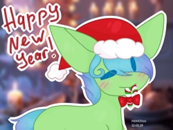 Size: 1280x960 | Tagged: safe, artist:hoochuu, derpibooru import, oc, oc only, earth pony, pony, base used, candy, candy cane, christmas, commission, earth pony oc, food, happy new year, hat, holiday, mouth hold, one eye closed, santa hat, smiling, solo, wink, ych result