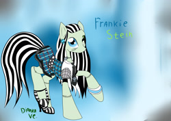 Size: 3507x2480 | Tagged: safe, artist:diankave, derpibooru import, earth pony, pony, abstract background, bracelet, clothes, female, frankie stein, jewelry, mare, monster high, ponified, raised hoof, raised leg, skirt, solo