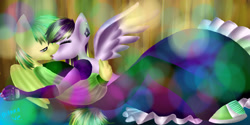 Size: 2362x1181 | Tagged: safe, artist:diankave, derpibooru import, oc, oc:wooden toaster, anthro, pegasus, abstract background, clothes, dress, ear piercing, female, hug, kissing, male, oc x oc, pegasus oc, piercing, shipping, straight, wings
